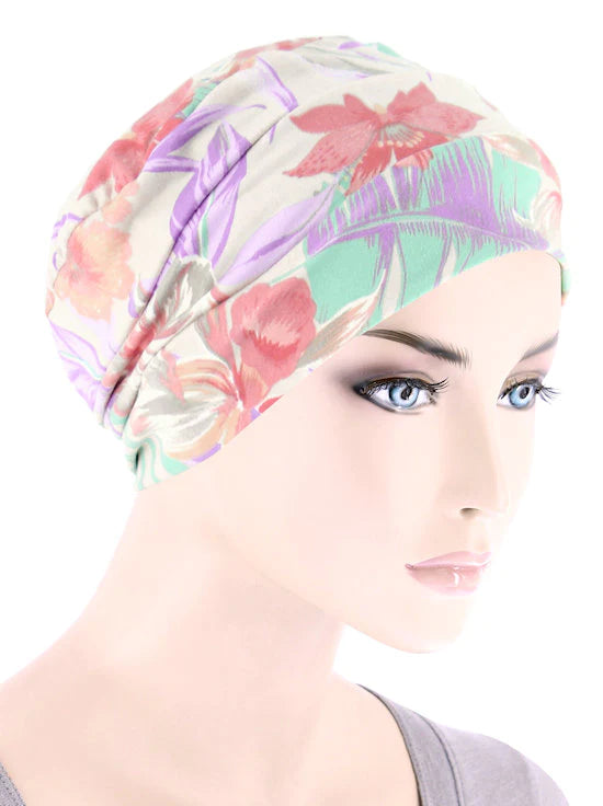 Taupe Mauve Tropical Floral Chemo Cloche Cap