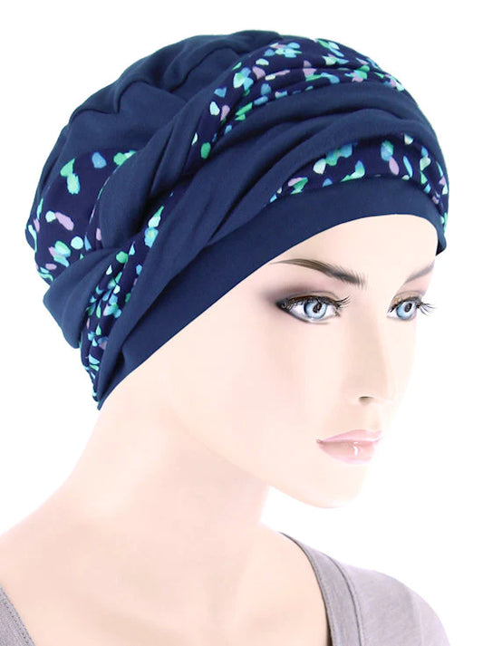 Twisty Turban in Buttery Soft Navy Lilac Multi Dot
