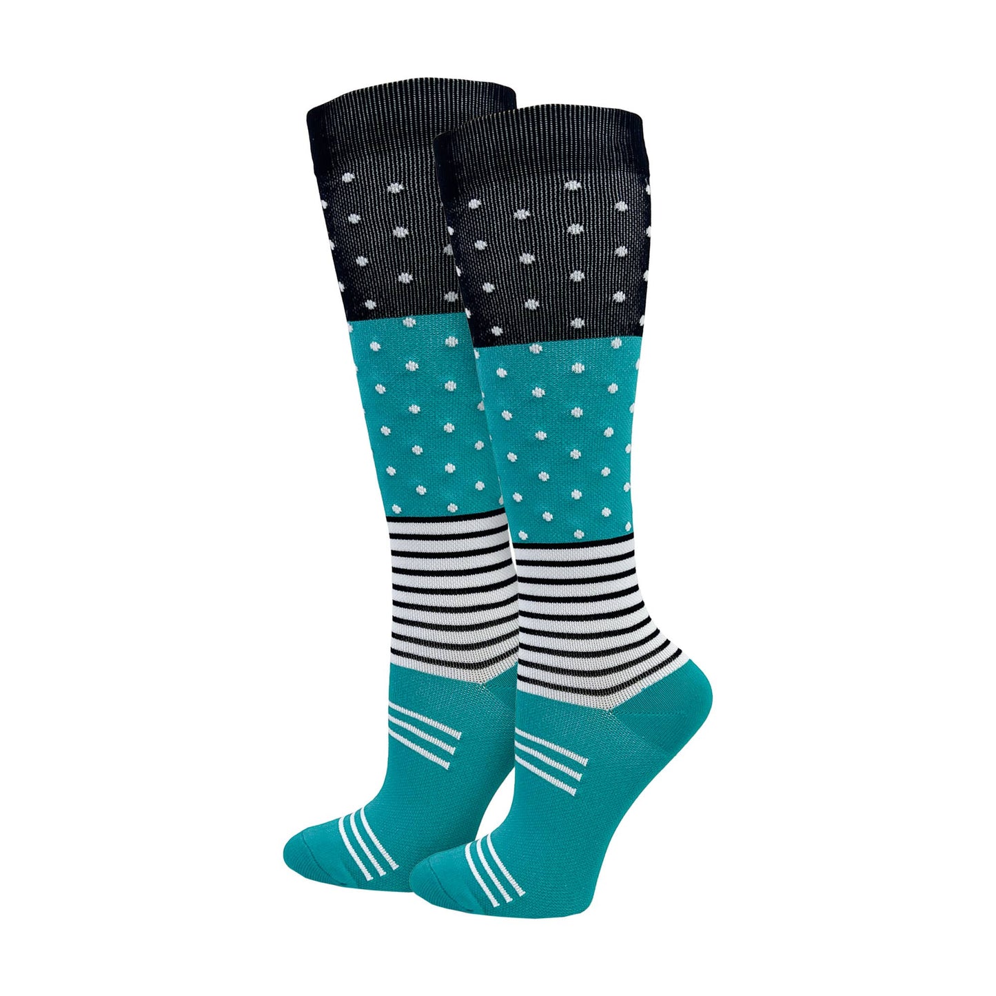 Teal Dots & Stripes Fashion Compression Knee High Socks  : Reg
