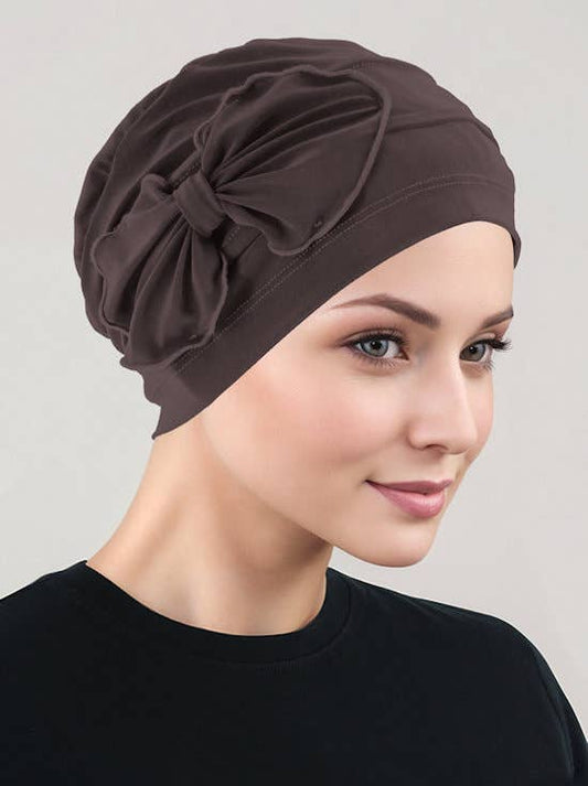 Pleated Bow Cap Brown Jersey