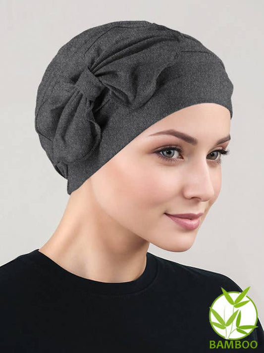 Bamboo Pleated Bow Cap Charcoal Gray