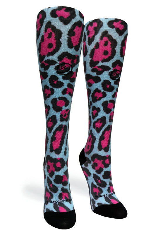 360 Cheetah Blue OTC Compression Socks (Standard & Extra Wide): SM/MD (shoe size 7-10) / Standard 15-20mmhg / Standard Width